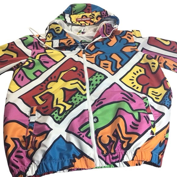 Members Only Keith Haring Jacket Pop Art Graffiti All Over Graphic People Pink - Picture 13 of 13